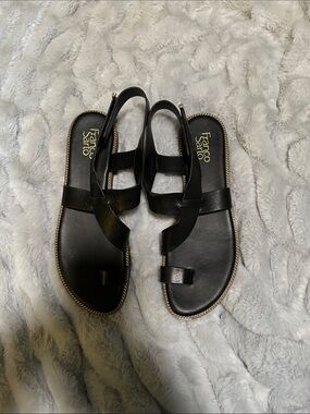 Franco Sarto Black Leather Open-Toe Slingback Sandals with Gold Trim